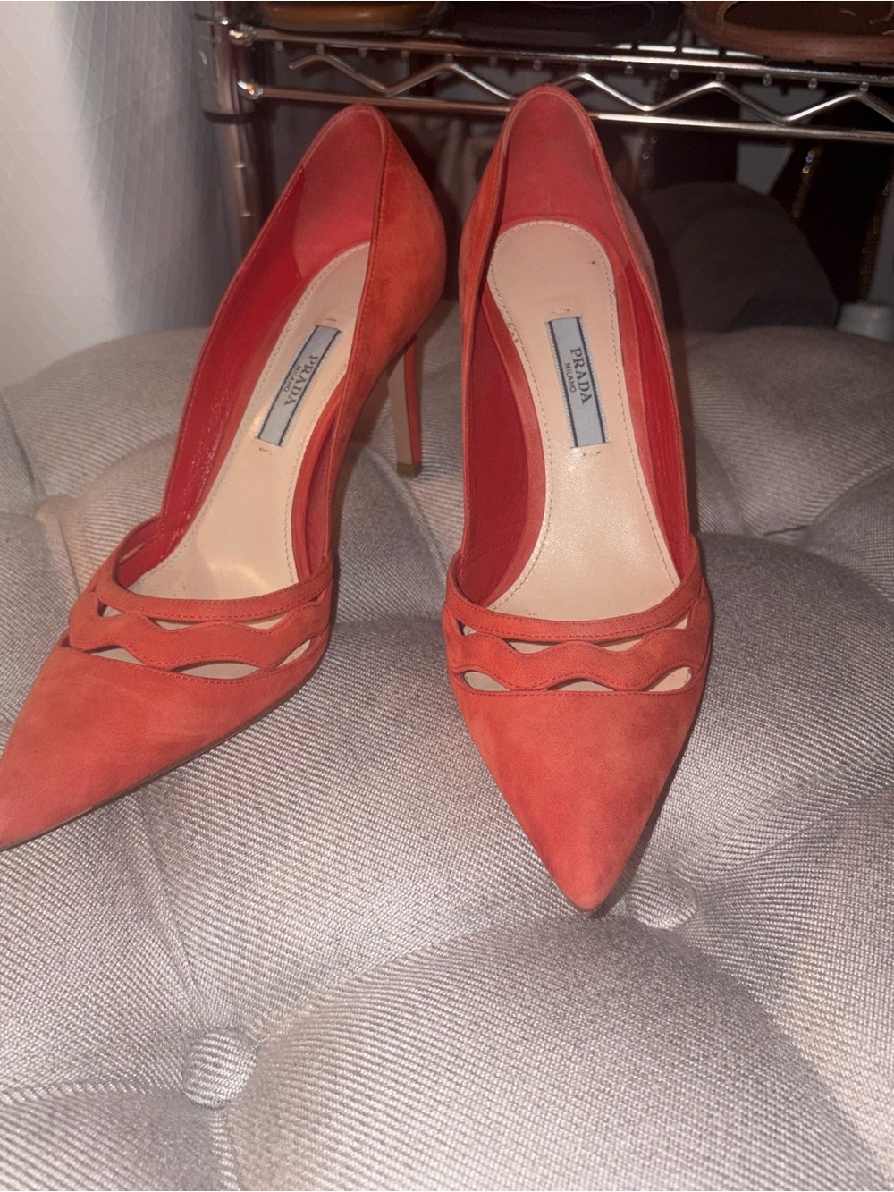 Prada Orange Suede Pointed Toe Cutout Pumps